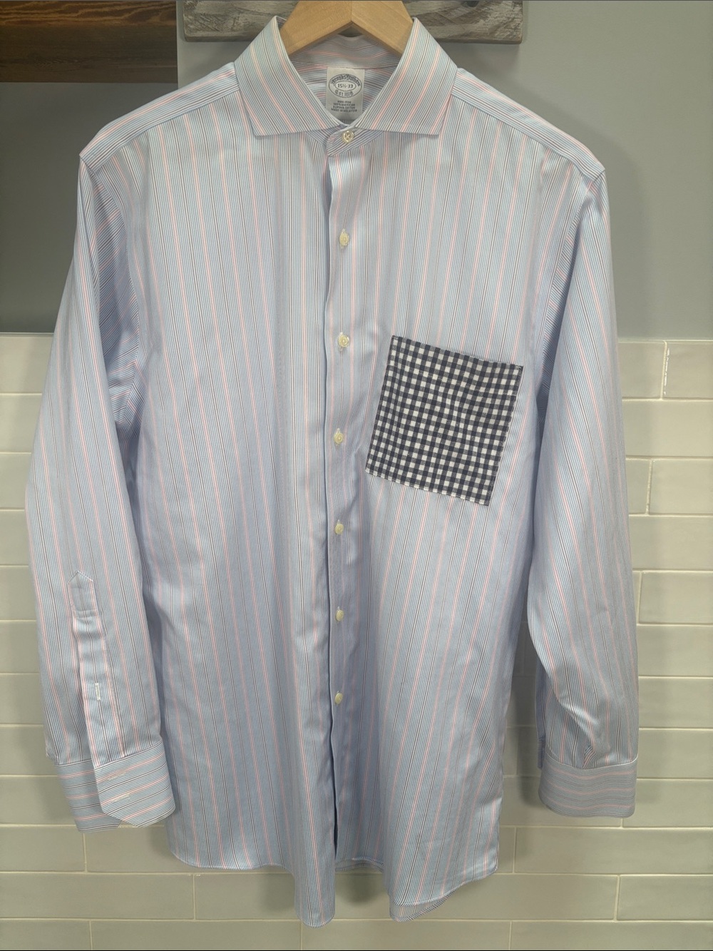 Brooks Brothers Button Down Shirt 15.5 33 Striped Contrast Gingham Pocket⁠